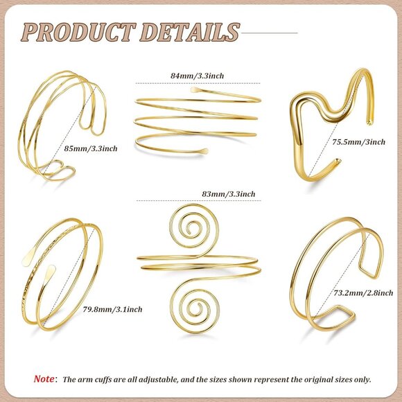 6Pcs Arm Cuff Gold Upper Arm Cuff Bracelet for Women Adjustable Open Cuff Bangle - Picture 4 of 6